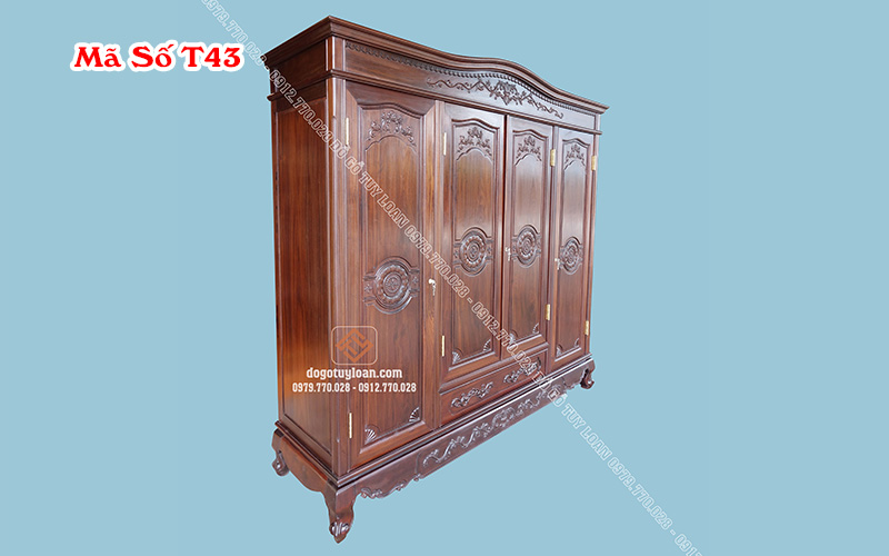 Tủ Áo 3 Buồng 4 Cánh Gỗ Gụ T43