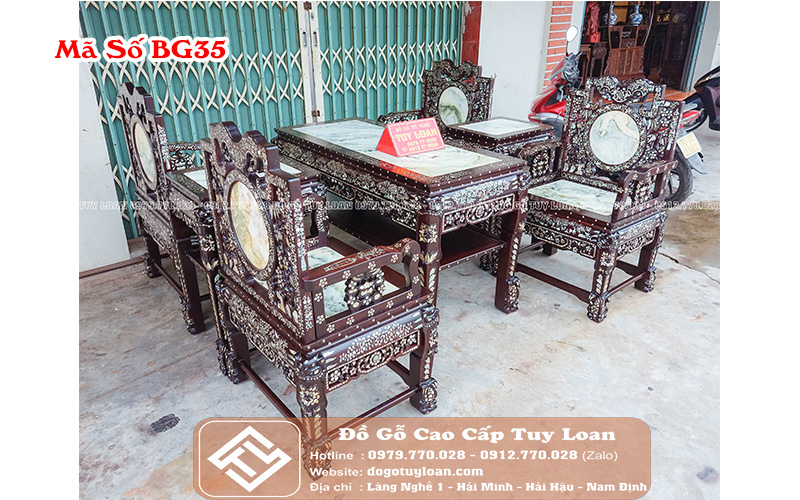 Bàn Ghế Vách Tàu Gỗ Gụ Khảm Ốc Đẹp BG35