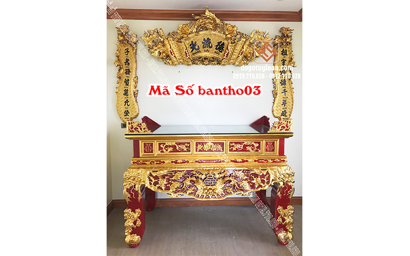 Bàn Thờ, Cuốn Thư ĐỨC LƯU QUANG, Câu Đối Gỗ Gụ Sơn Son Thiếp Vàng 03